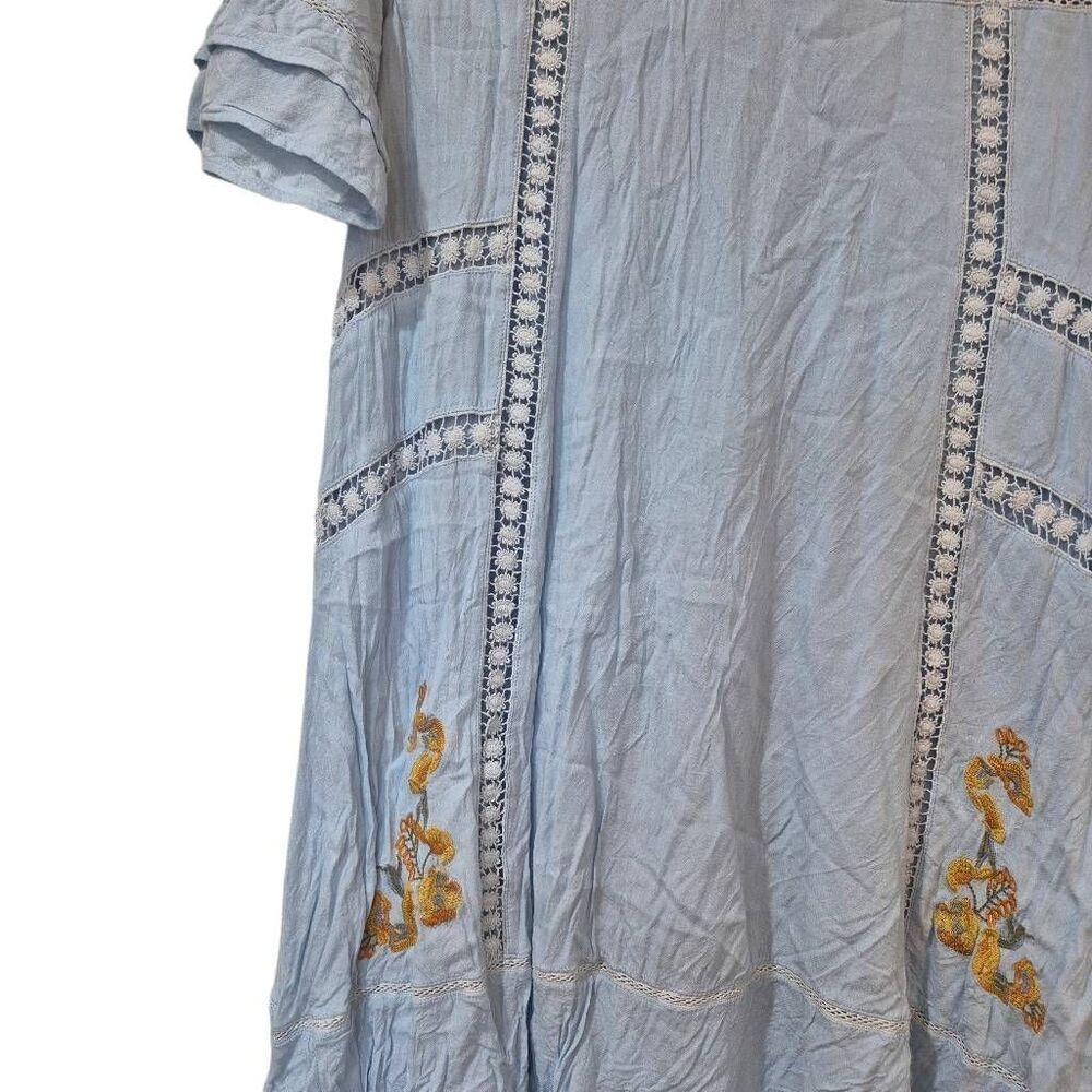 Brass & Roe Light Blue Embroidered Floral Swing Dress Lace Trim Flutter Sleeve M - Picture 10 of 16